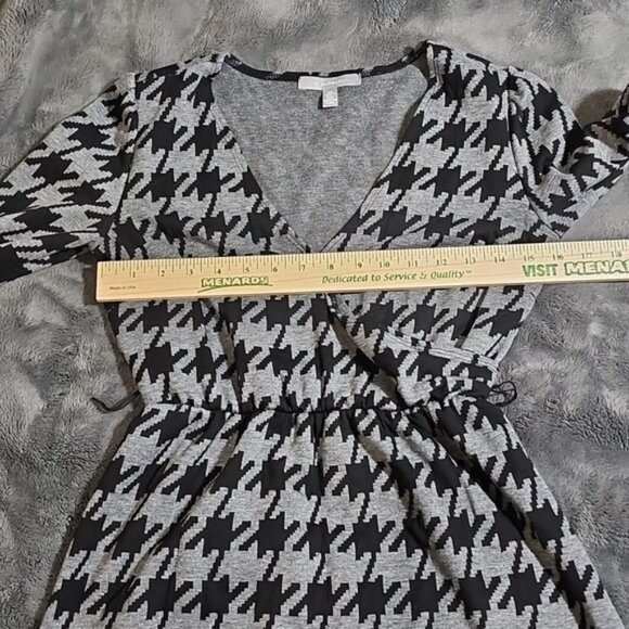 NY Collection Black Gray Houndstooth Long Sleeve Faux Wrap Midi Dress Size XS - Picture 5 of 7